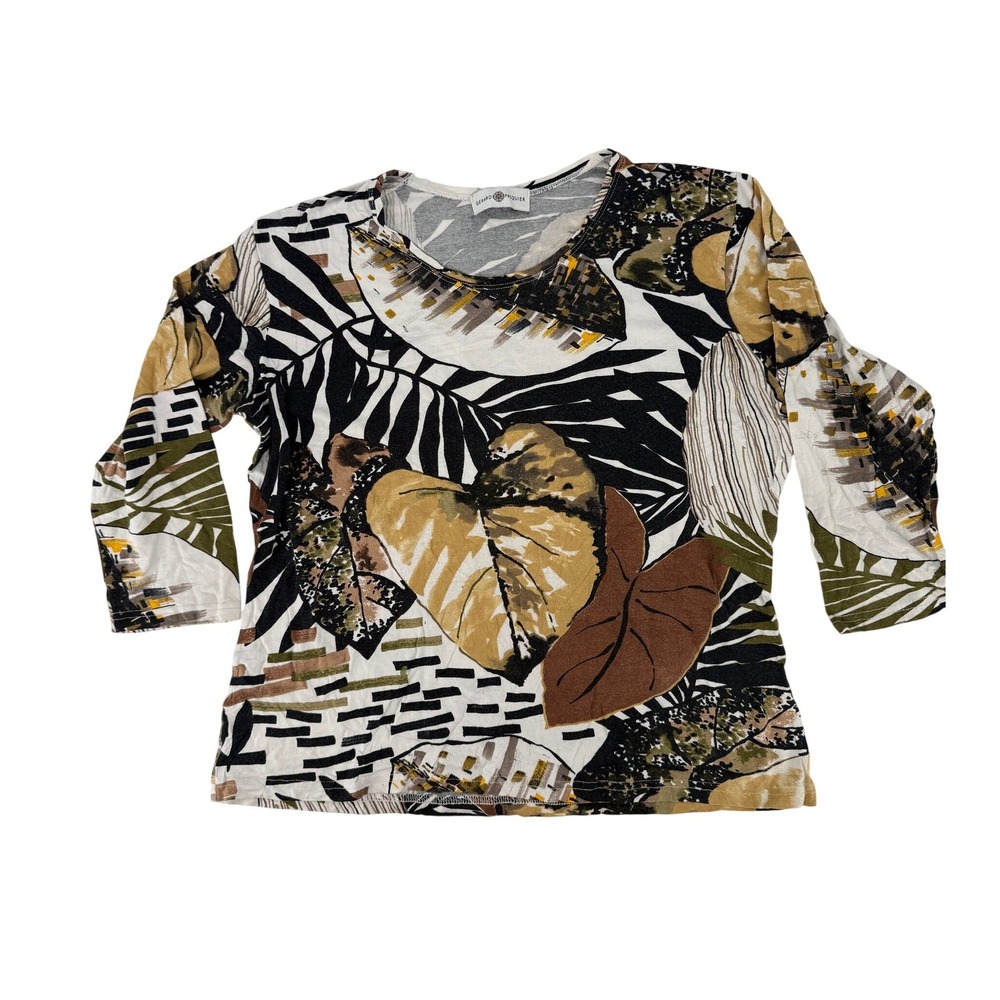 Gerard Pasquier Y2K Women Tropical Botanical Leaf Print Long Sleeve Top Earthy